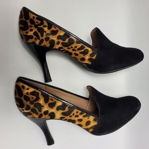 Franco Sarto Cowhair Leather Leopard Print Loafers Heel Pumps Size 8.5